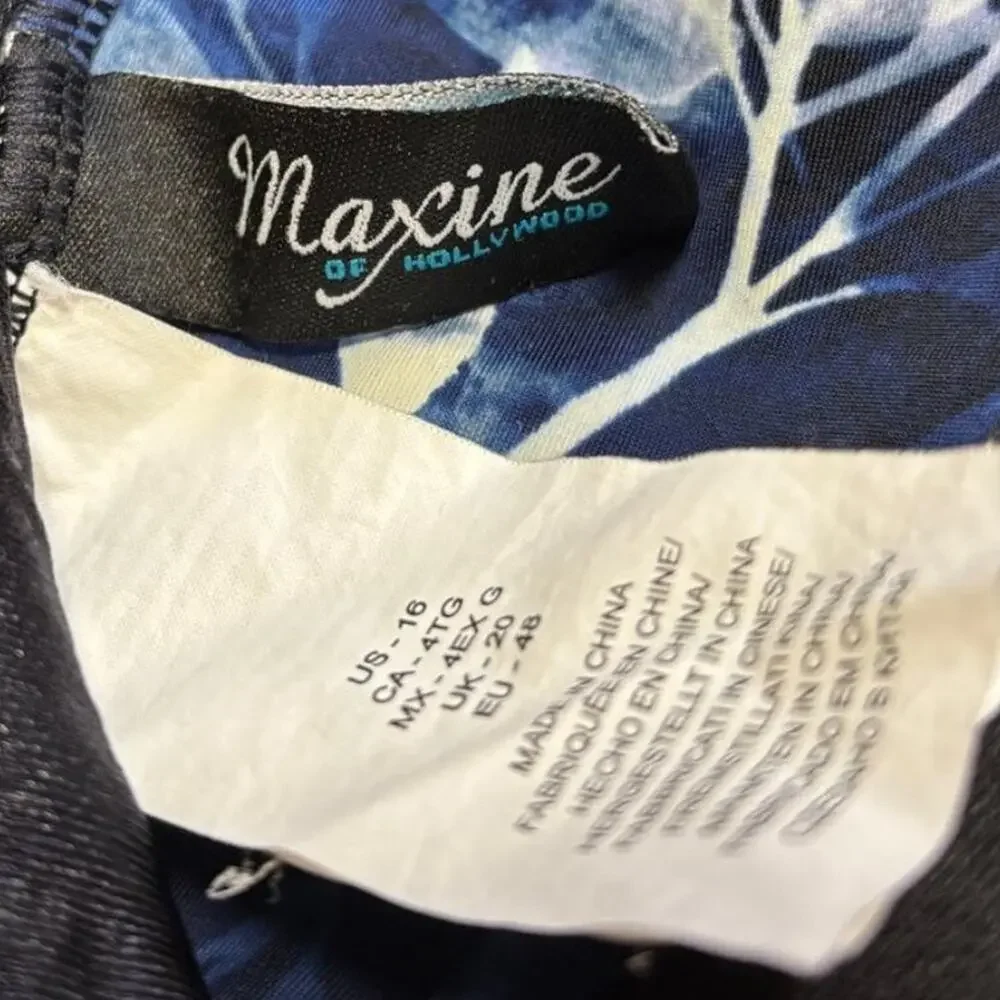 MAXINE OF HOLLYWOOD Shirred Front Girl Leg One Piece Swimsuit Blue Tropics SZ 16